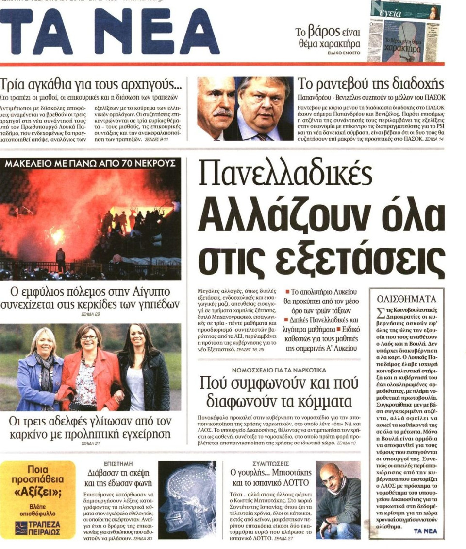 Πρωτοσέλιδο Εφημερίδας - ΤΑ ΝΕΑ - 2012-02-02