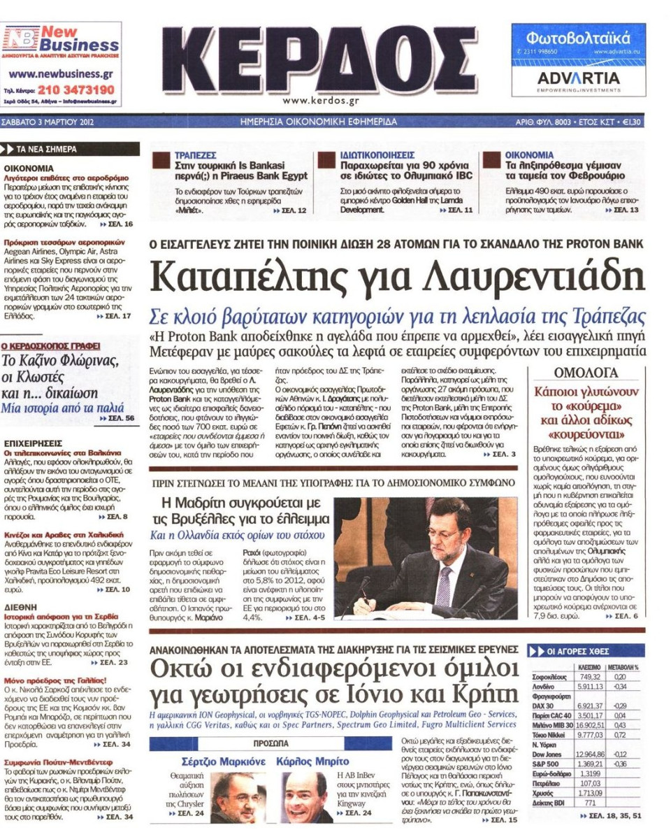 Πρωτοσέλιδο Εφημερίδας - ΚΕΡΔΟΣ - 2012-03-03