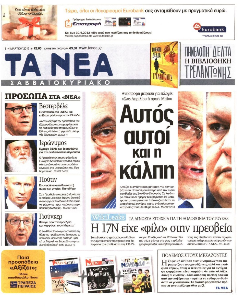 Πρωτοσέλιδο Εφημερίδας - ΤΑ ΝΕΑ - 2012-03-03