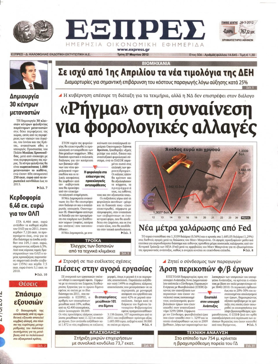 Πρωτοσέλιδο Εφημερίδας - ΕΞΠΡΕΣ - 2012-03-27