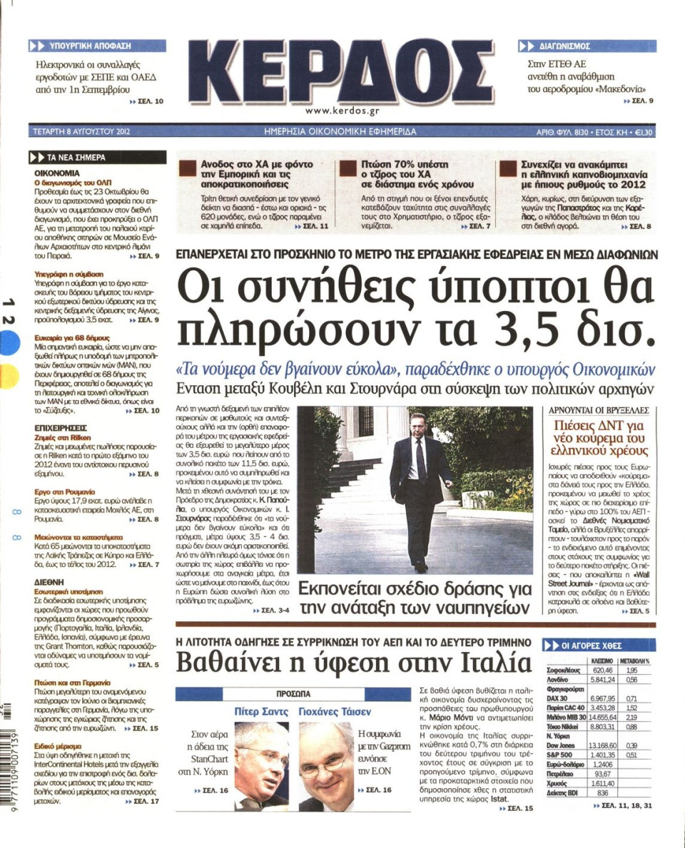 Πρωτοσέλιδο Εφημερίδας - ΚΕΡΔΟΣ - 2012-08-08