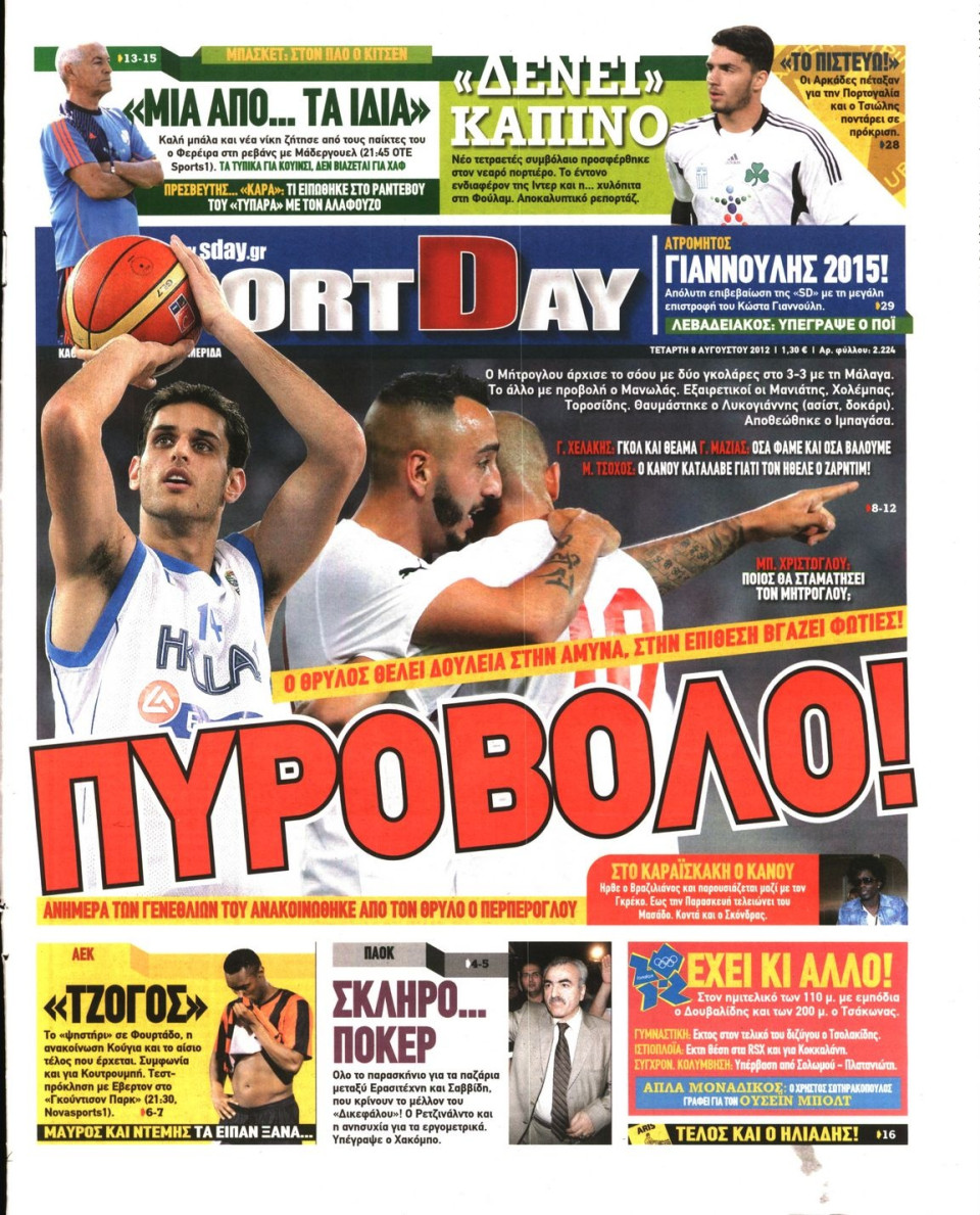 Πρωτοσέλιδο Εφημερίδας - SPORTDAY - 2012-08-08
