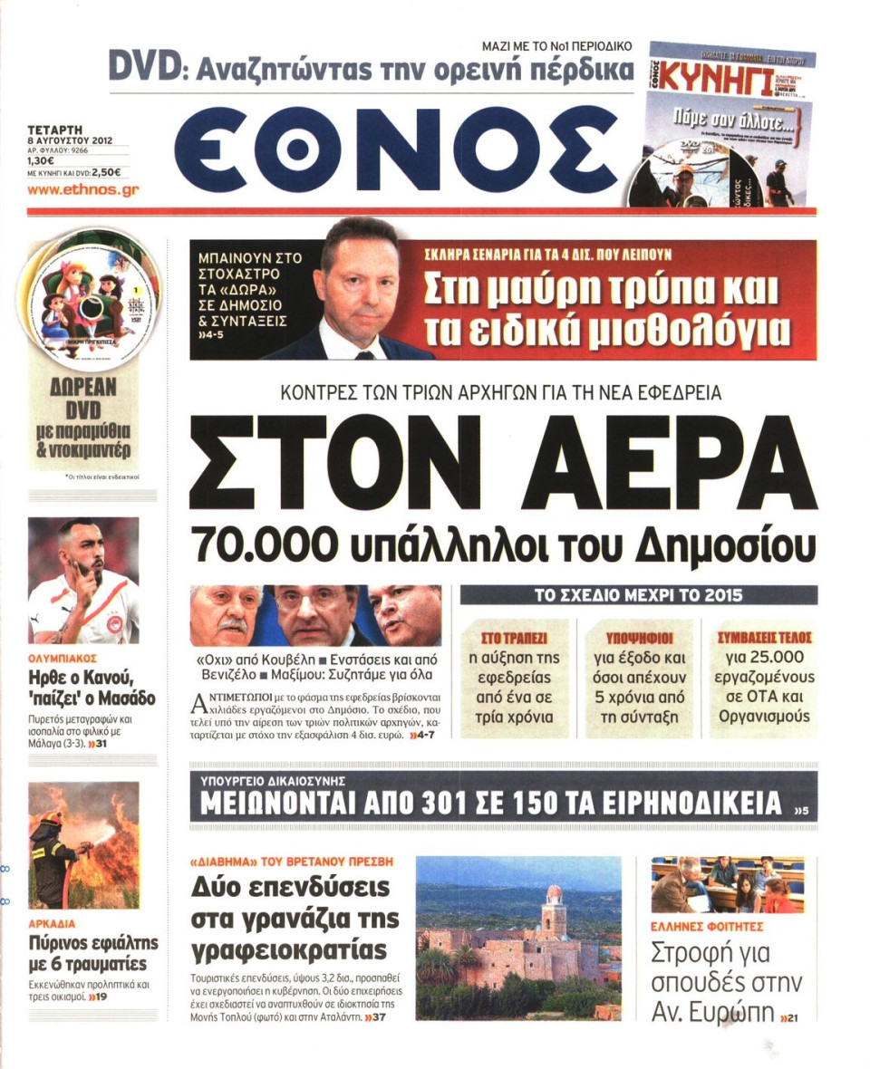 Πρωτοσέλιδο Εφημερίδας - ΕΘΝΟΣ - 2012-08-08