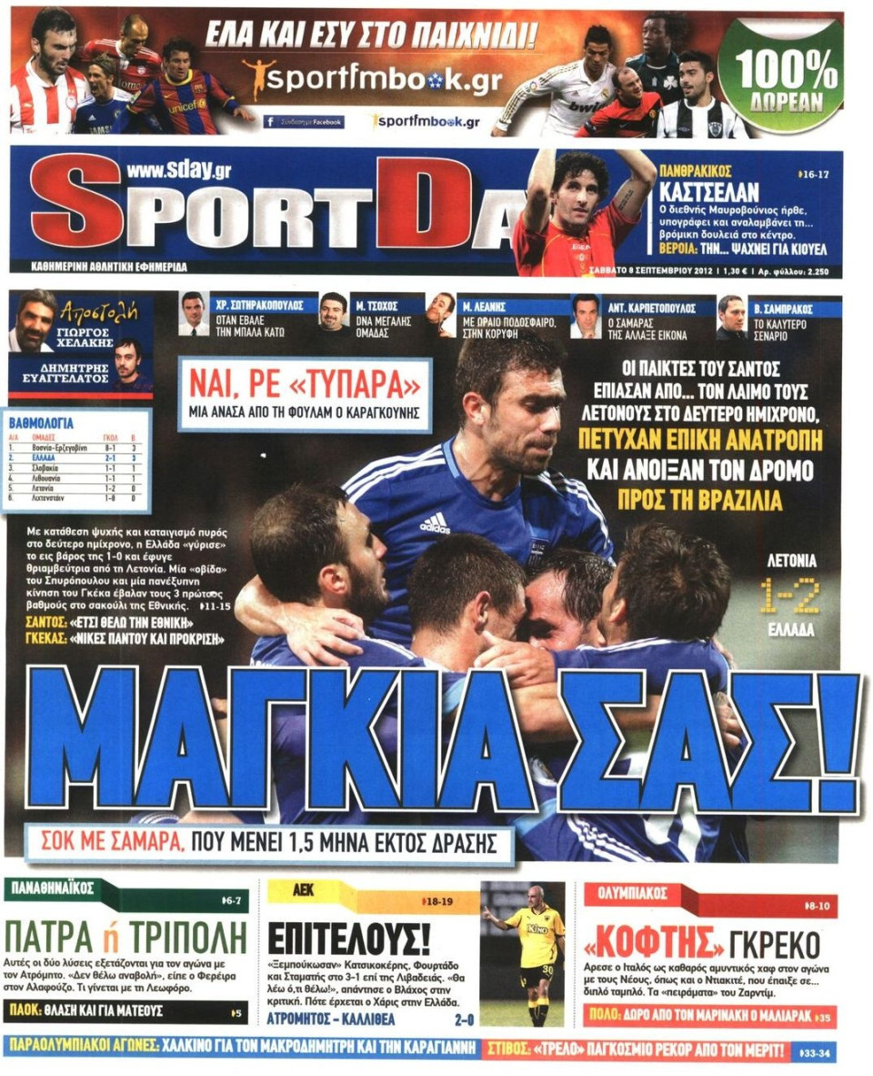 Πρωτοσέλιδο Εφημερίδας - SPORTDAY - 2012-09-08