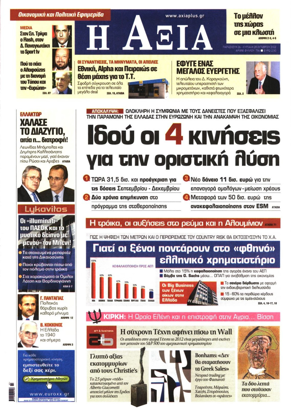 Πρωτοσέλιδο Εφημερίδας - ΑΞΙΑ - 2012-10-26