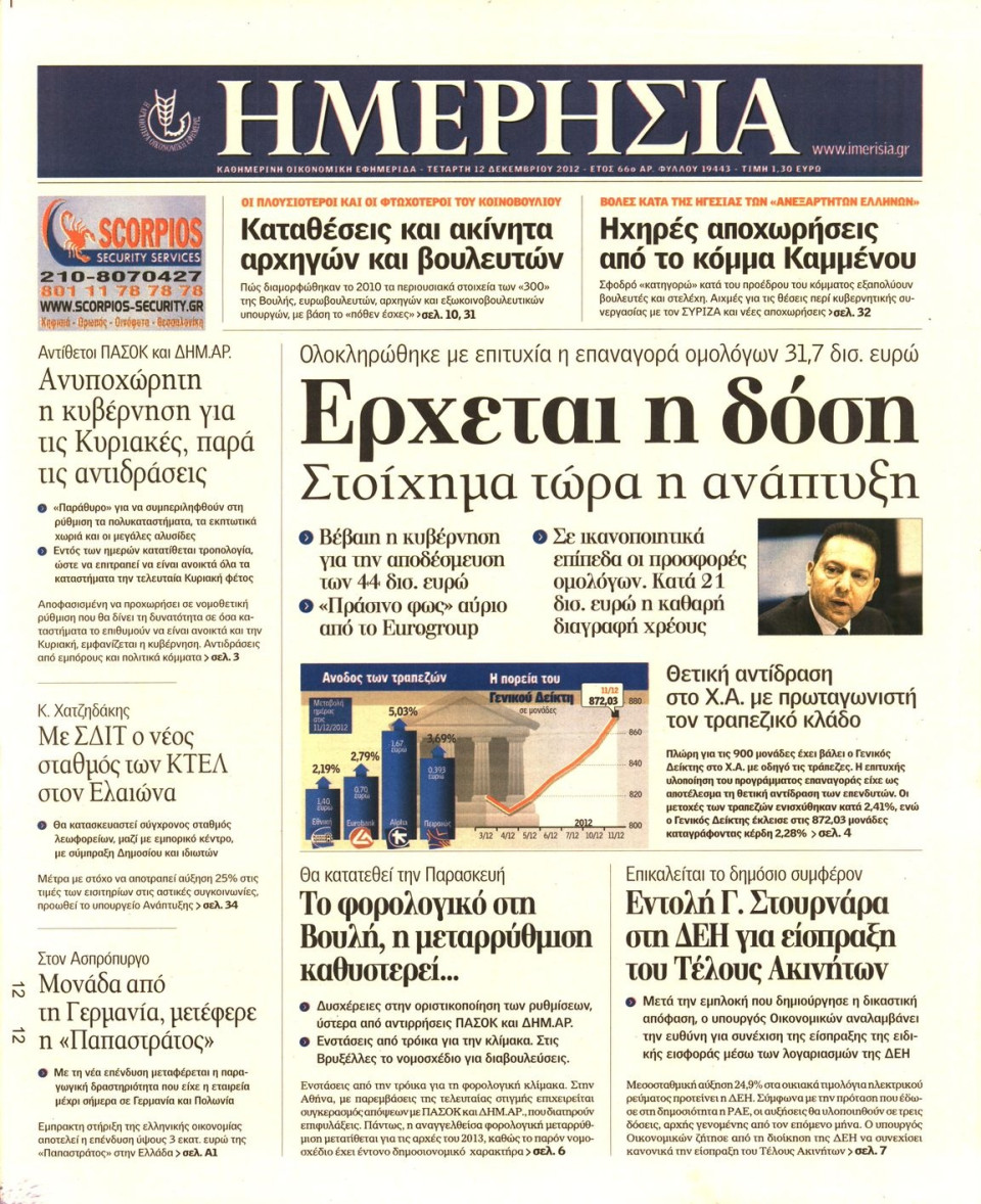 Πρωτοσέλιδο Εφημερίδας - ΗΜΕΡΗΣΙΑ - 2012-12-12