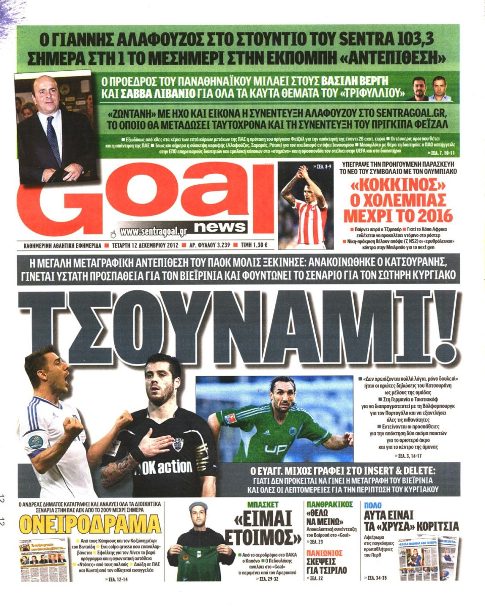 Πρωτοσέλιδο Εφημερίδας - GOAL - 2012-12-12