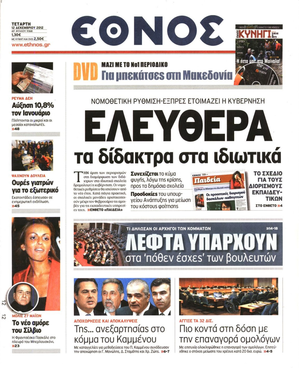 Πρωτοσέλιδο Εφημερίδας - ΕΘΝΟΣ - 2012-12-12