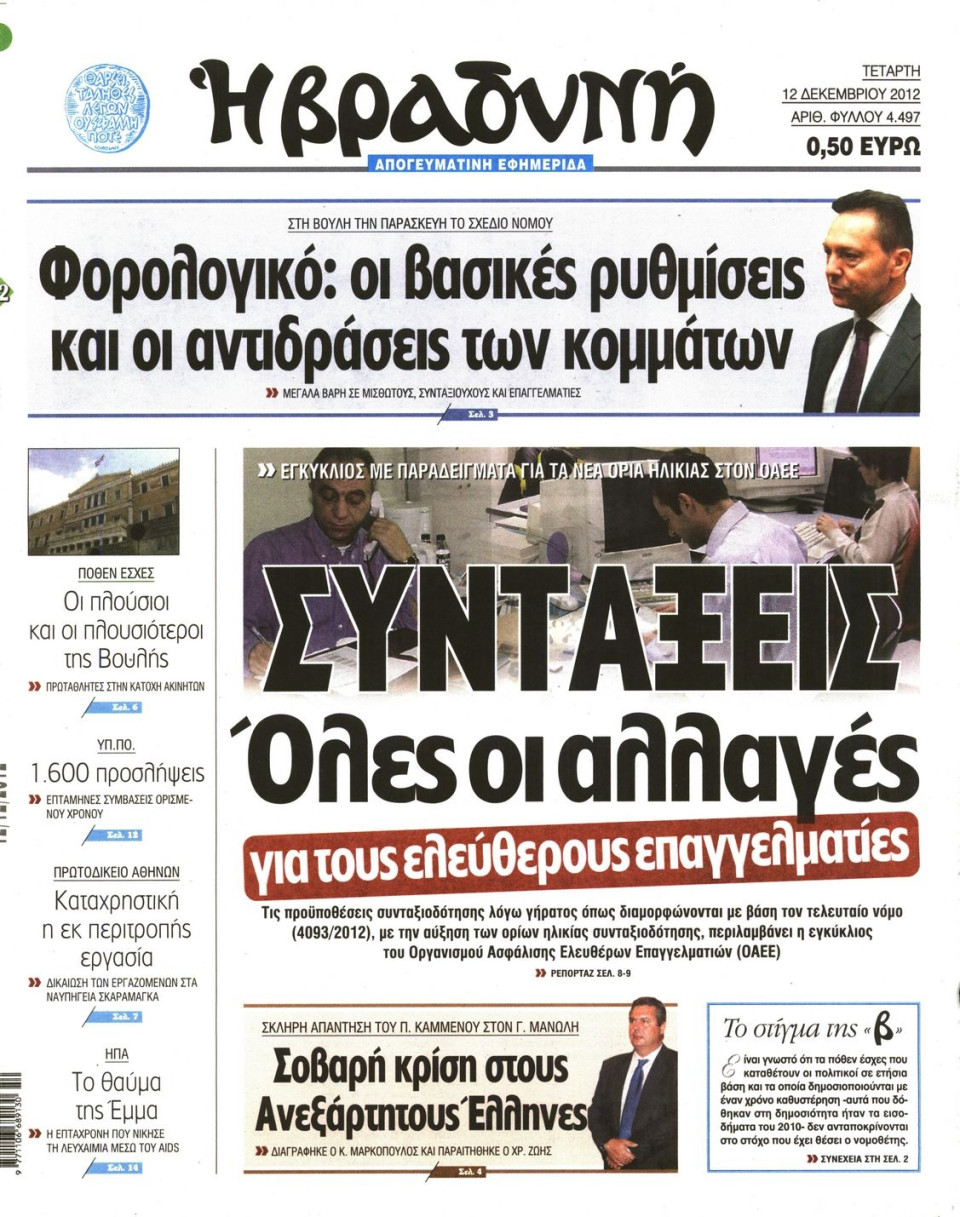 Πρωτοσέλιδο Εφημερίδας - ΒΡΑΔΥΝΗ - 2012-12-12