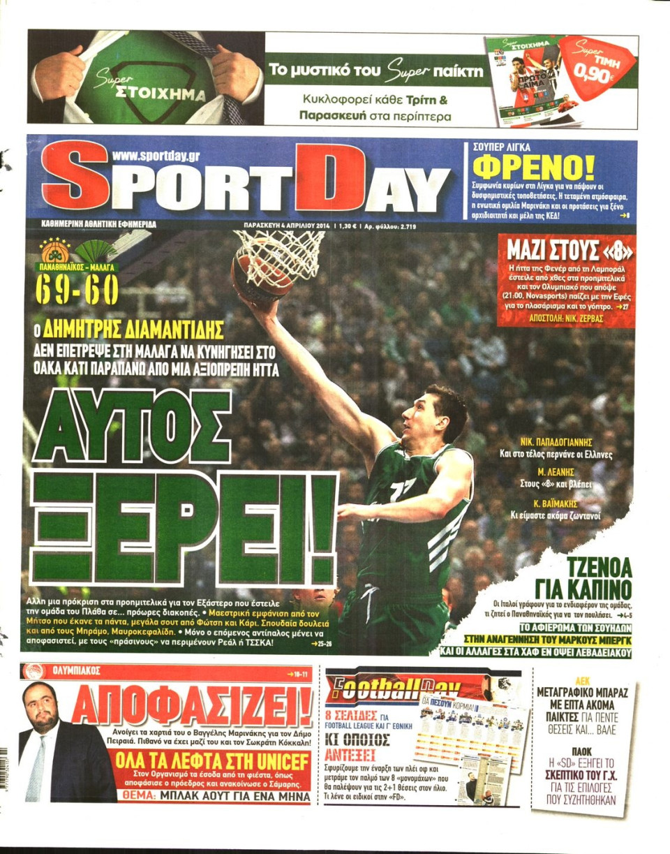 Πρωτοσέλιδο Εφημερίδας - SPORTDAY - 2014-04-04