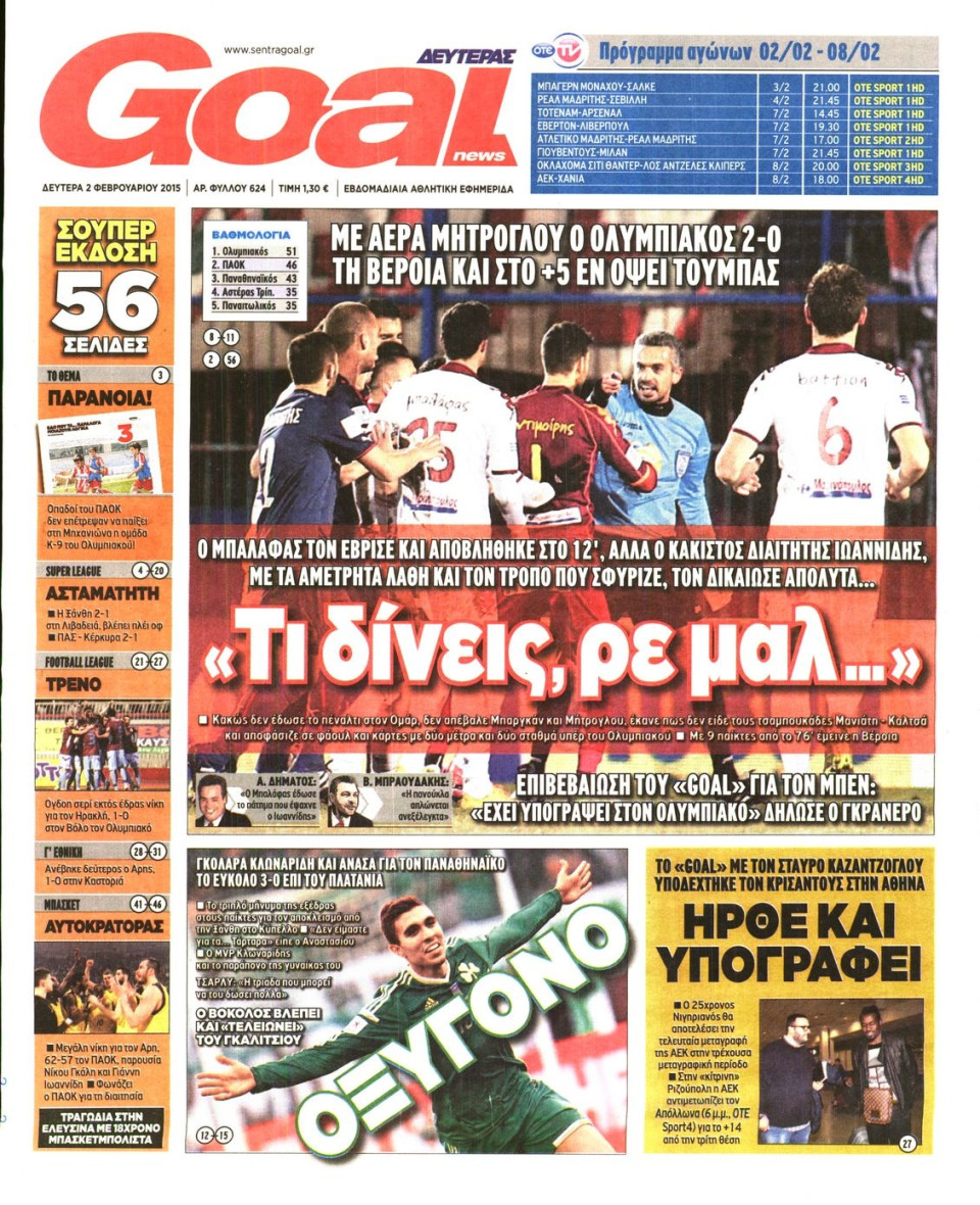 Πρωτοσέλιδο Εφημερίδας - GOAL - 2015-02-02