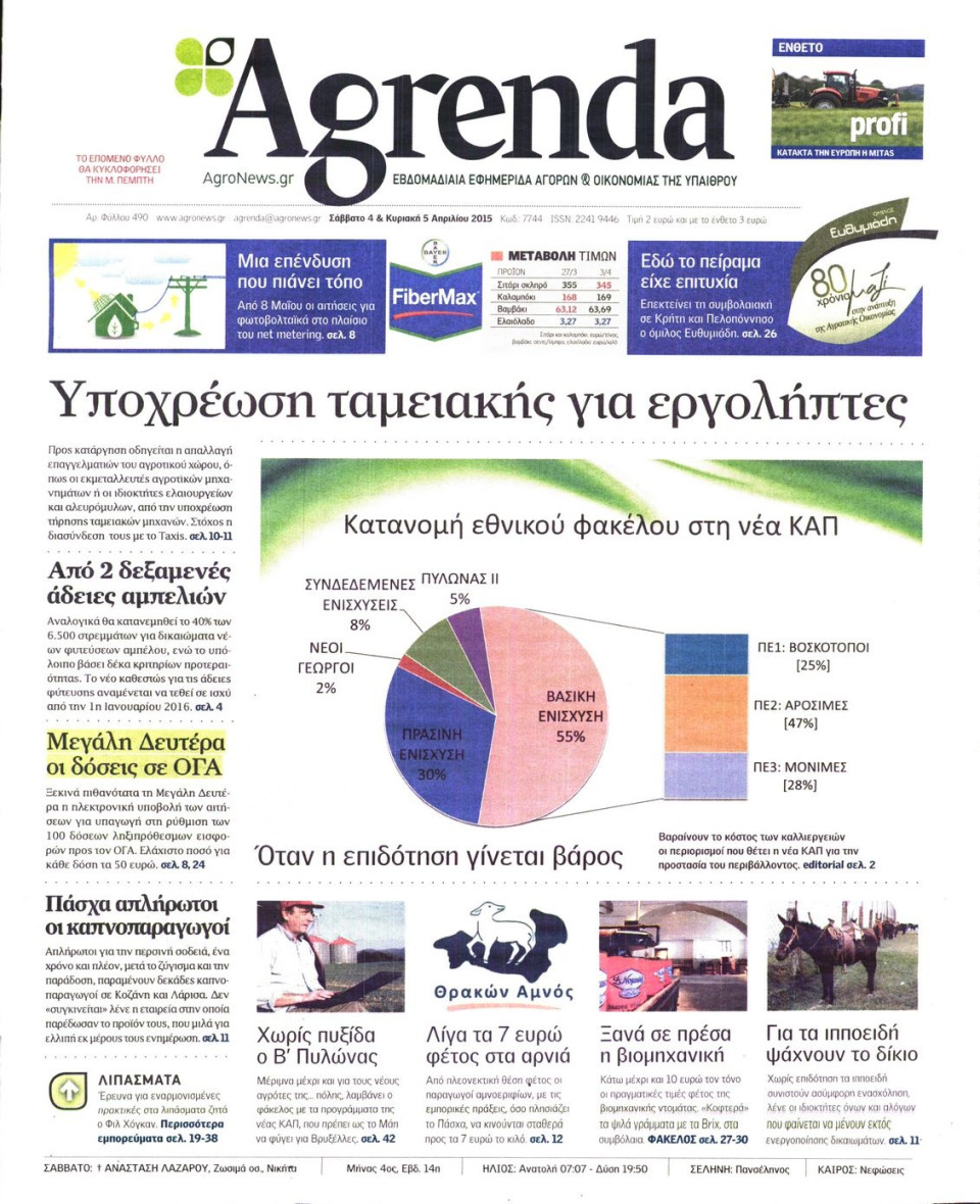 Πρωτοσέλιδο Εφημερίδας - AGRENDA - 2015-04-04