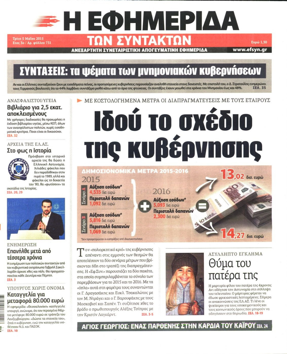 Πρωτοσέλιδο Εφημερίδας - Η ΕΦΗΜΕΡΙΔΑ ΤΩΝ ΣΥΝΤΑΚΤΩΝ - 2015-05-05