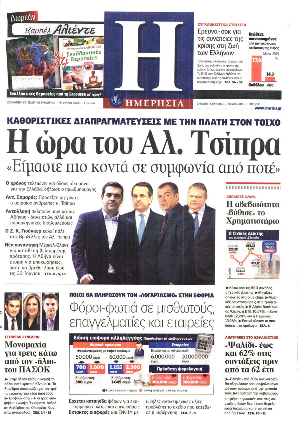Πρωτοσέλιδο Εφημερίδας - ΗΜΕΡΗΣΙΑ - 2015-06-06