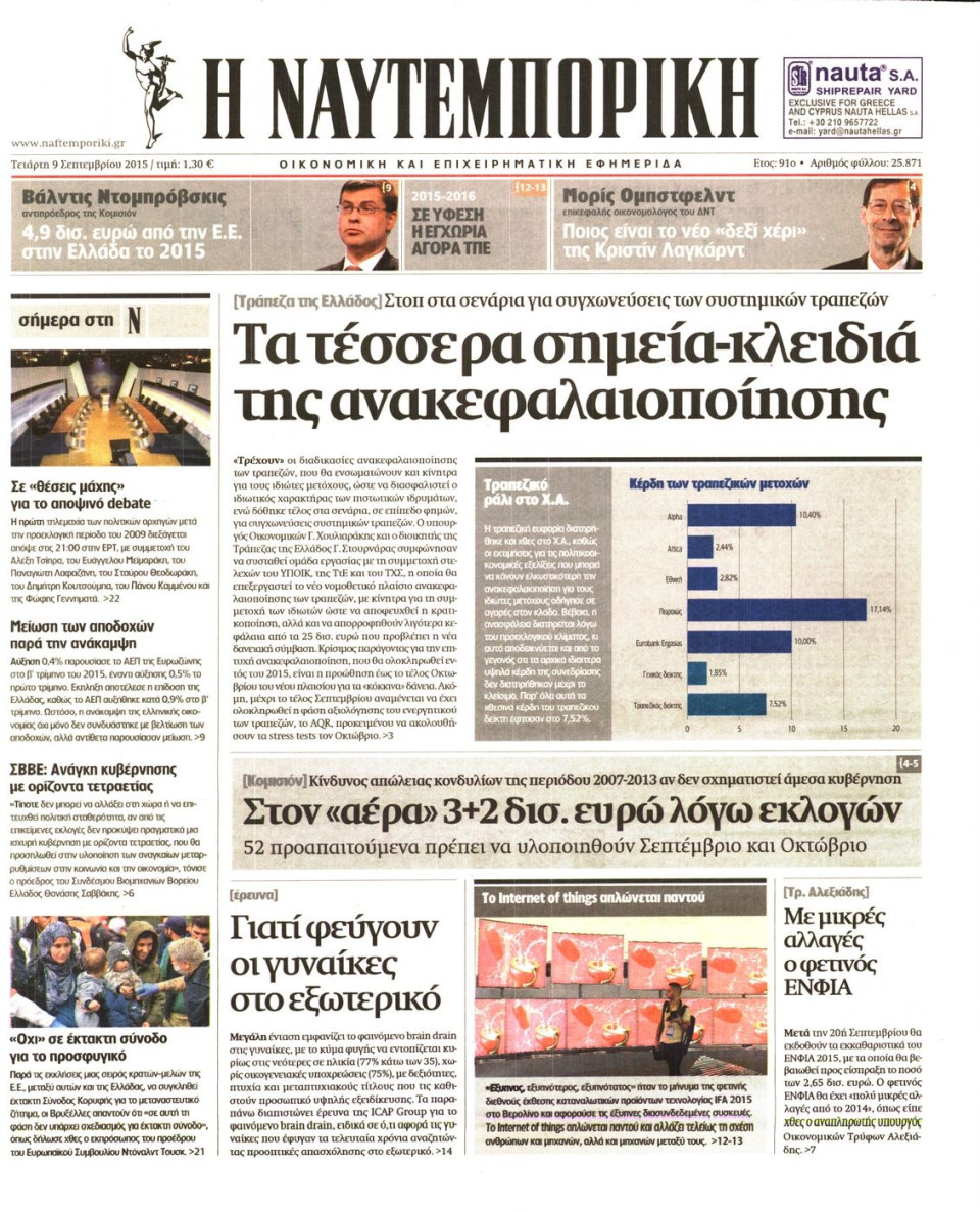 Πρωτοσέλιδο Εφημερίδας - ΝΑΥΤΕΜΠΟΡΙΚΗ - 2015-09-09