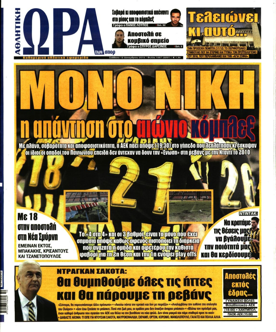 Πρωτοσέλιδο Εφημερίδας - ΩΡΑ ΓΙΑ ΣΠΟΡ - 2015-12-12