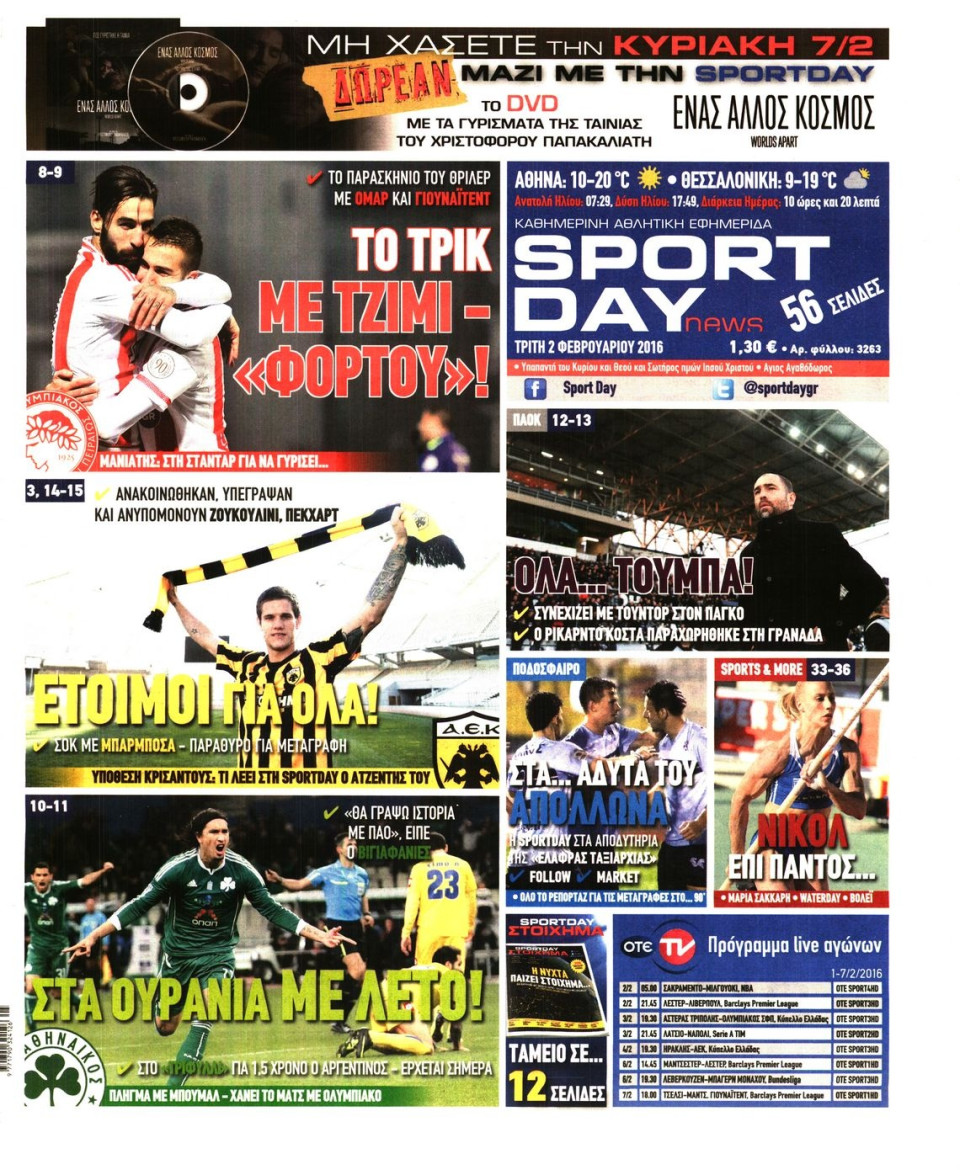 Πρωτοσέλιδο Εφημερίδας - SPORTDAY - 2016-02-02