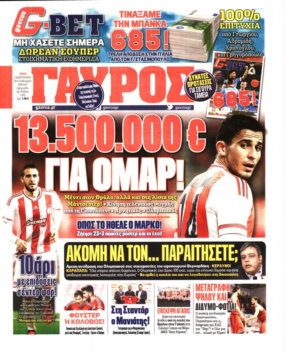 Πρωτοσέλιδο Εφημερίδας - ΓΑΥΡΟΣ - 2016-02-02
