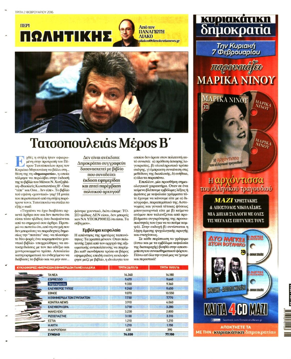 Οπισθόφυλλο Εφημερίδας - ΔΗΜΟΚΡΑΤΙΑ - 2016-02-02