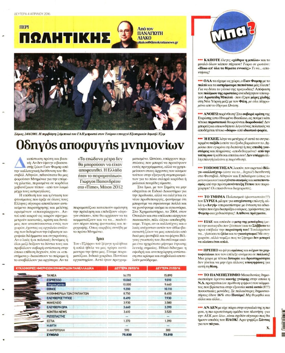 Οπισθόφυλλο Εφημερίδας - ΔΗΜΟΚΡΑΤΙΑ - 2016-04-04