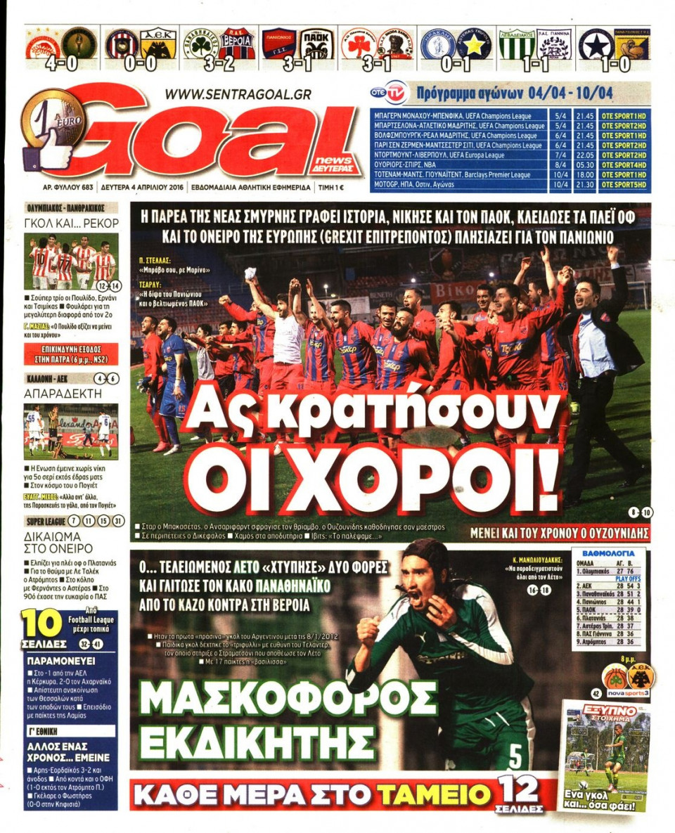 Πρωτοσέλιδο Εφημερίδας - GOAL - 2016-04-04