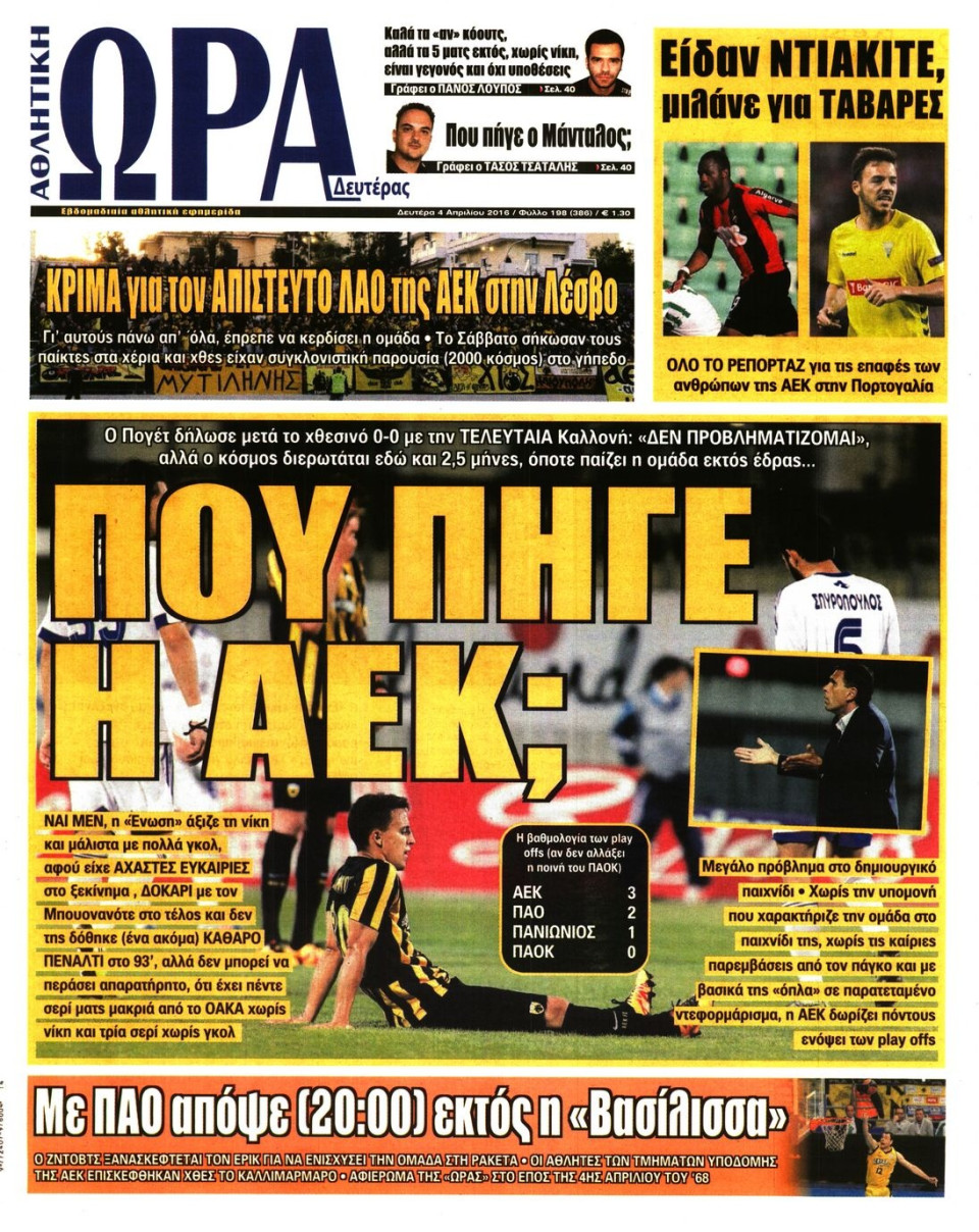 Πρωτοσέλιδο Εφημερίδας - ΩΡΑ ΓΙΑ ΣΠΟΡ - 2016-04-04