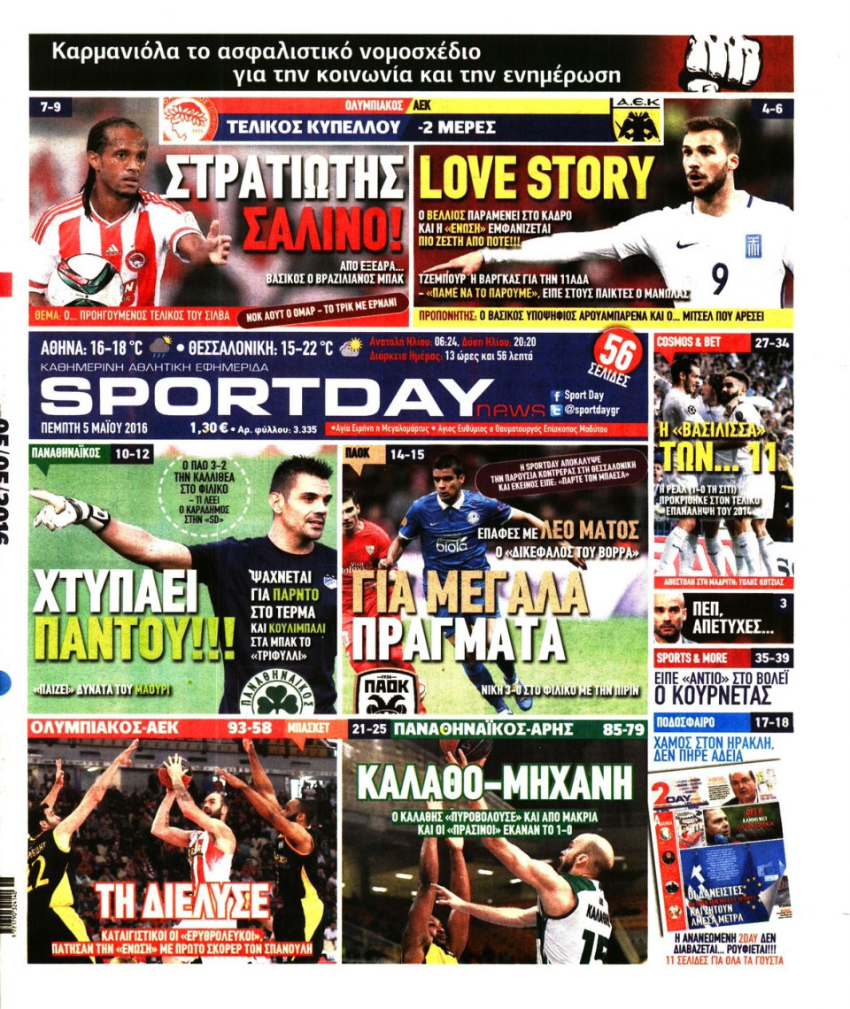 Πρωτοσέλιδο Εφημερίδας - SPORTDAY - 2016-05-05
