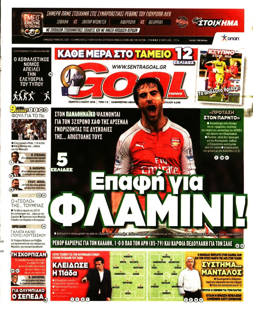 Πρωτοσέλιδο Εφημερίδας - GOAL - 2016-05-05