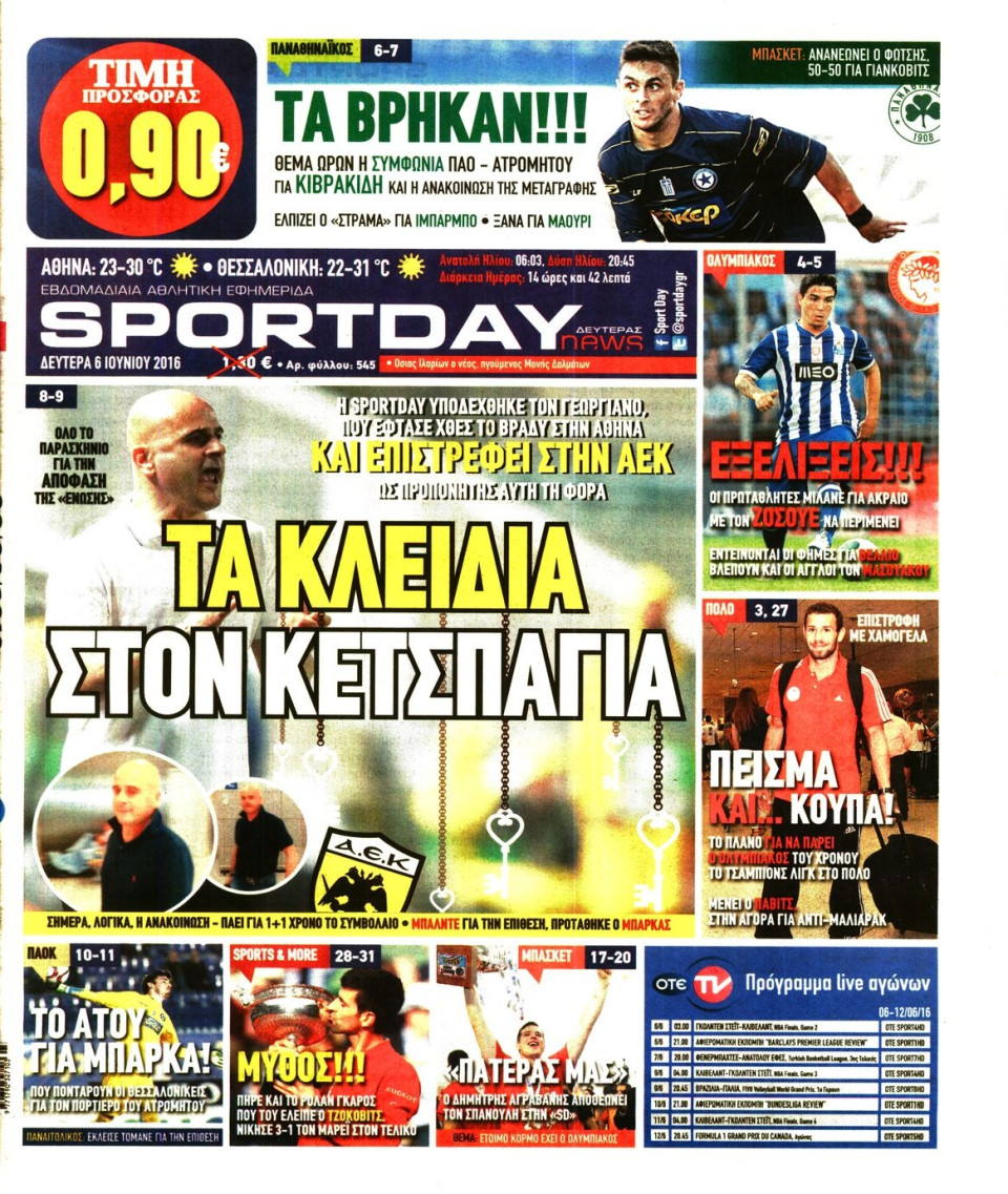 Πρωτοσέλιδο Εφημερίδας - SPORTDAY - 2016-06-06