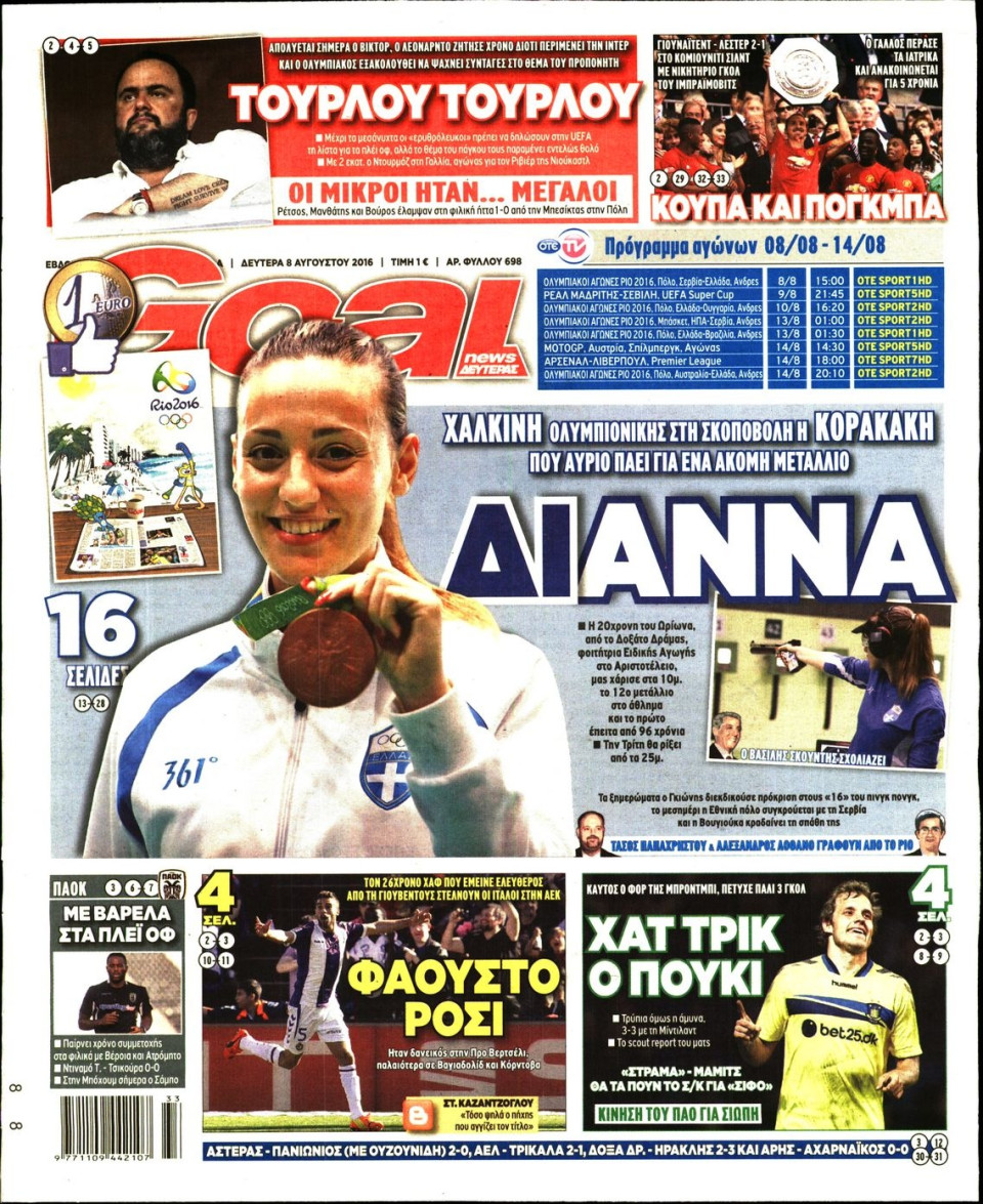 Πρωτοσέλιδο Εφημερίδας - GOAL - 2016-08-08
