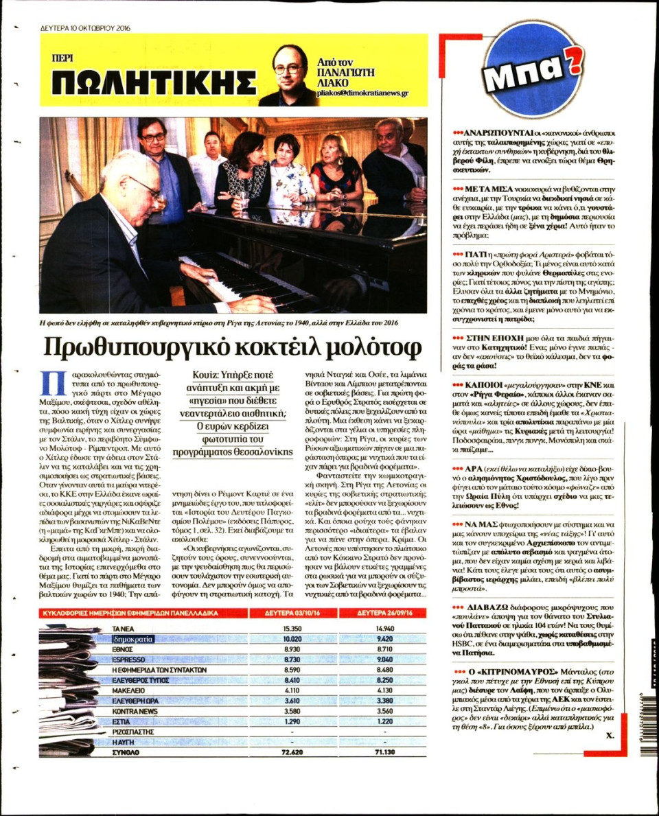 Οπισθόφυλλο Εφημερίδας - ΔΗΜΟΚΡΑΤΙΑ - 2016-10-10