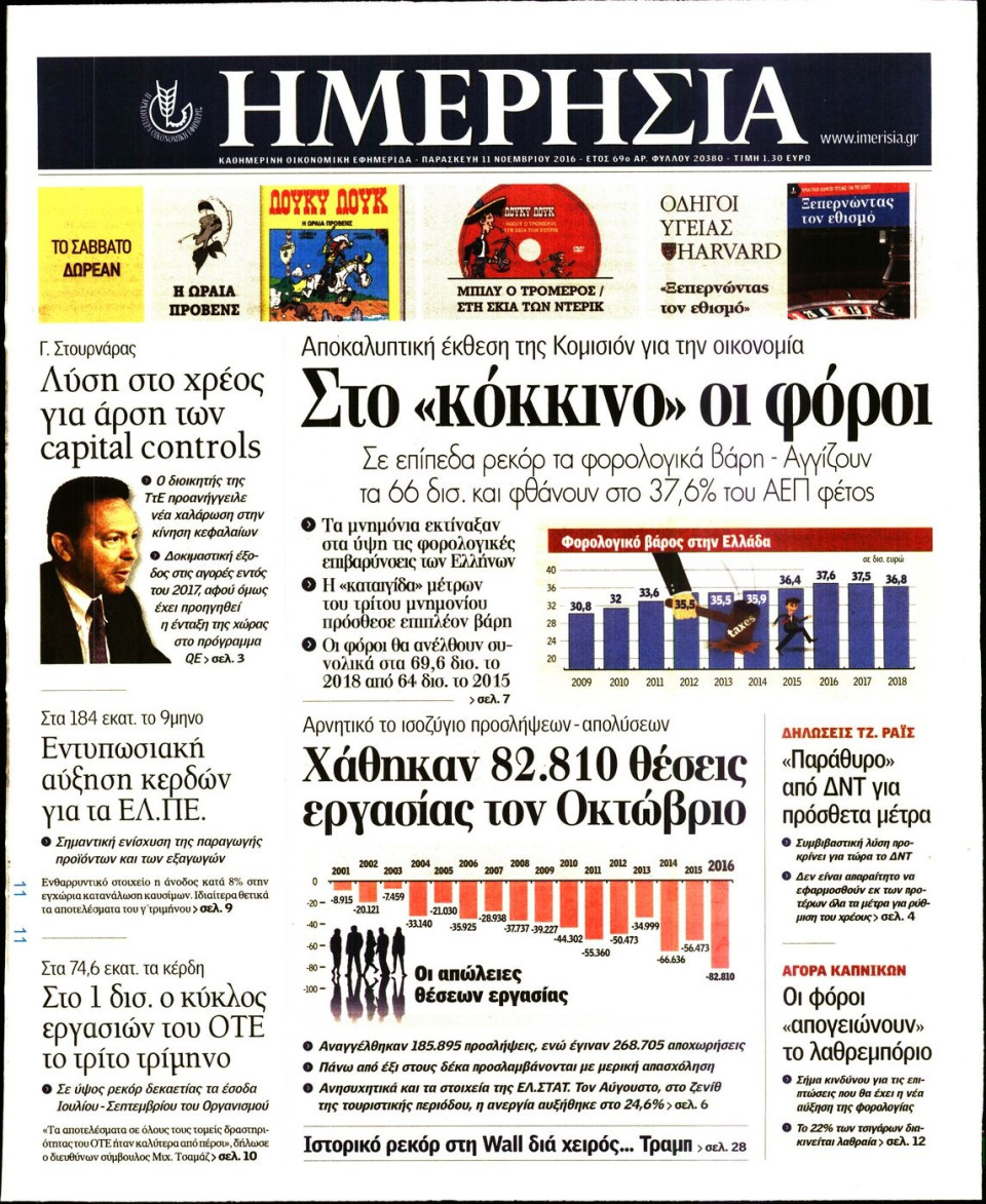 Πρωτοσέλιδο Εφημερίδας - ΗΜΕΡΗΣΙΑ - 2016-11-11