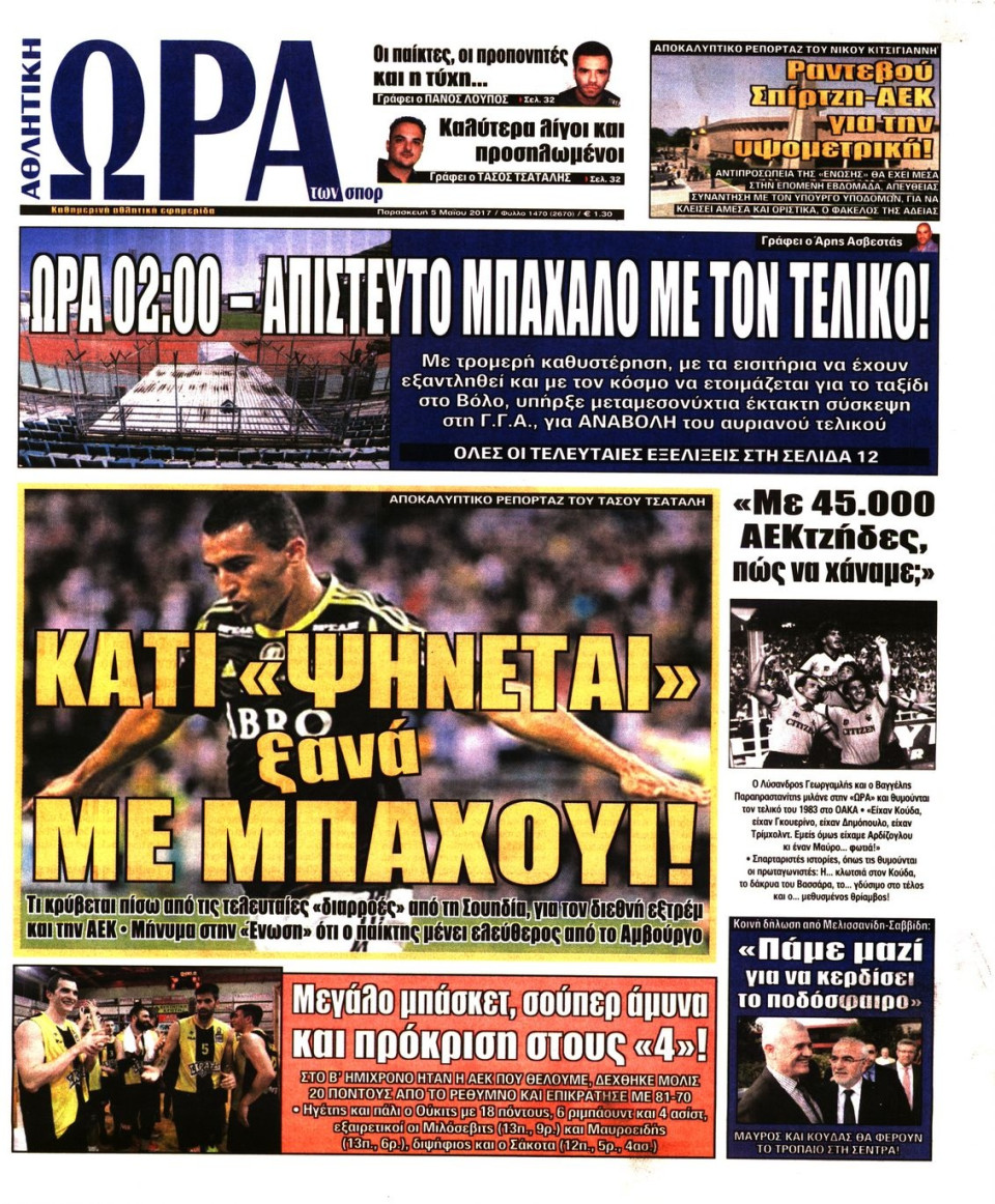 Πρωτοσέλιδο Εφημερίδας - ΩΡΑ ΤΩΝ ΣΠΟΡ - 2017-05-05