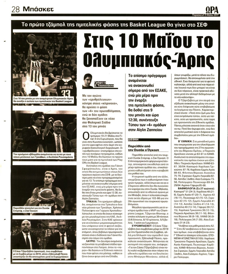 Οπισθόφυλλο Εφημερίδας - ΩΡΑ ΤΩΝ ΣΠΟΡ - 2017-05-05