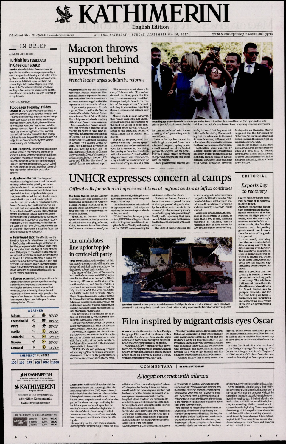 Πρωτοσέλιδο Εφημερίδας - INTERNATIONAL NEW YORK TIMES_KATHIMERINI - 2017-09-09