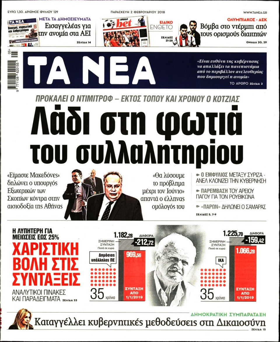 Πρωτοσέλιδο Εφημερίδας - ΤΑ ΝΕΑ - 2018-02-02