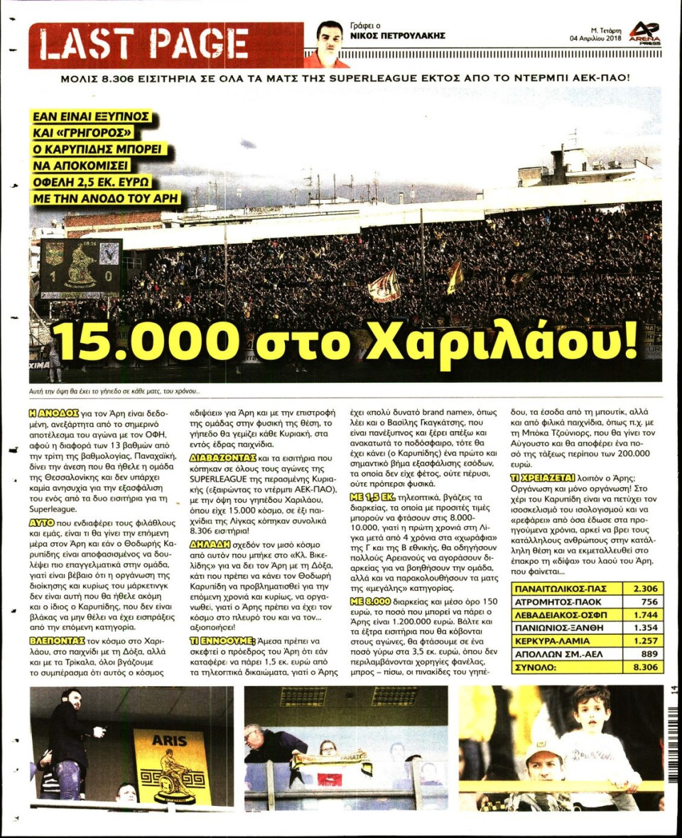 Οπισθόφυλλο Εφημερίδας - ARENA PRESS - 2018-04-04