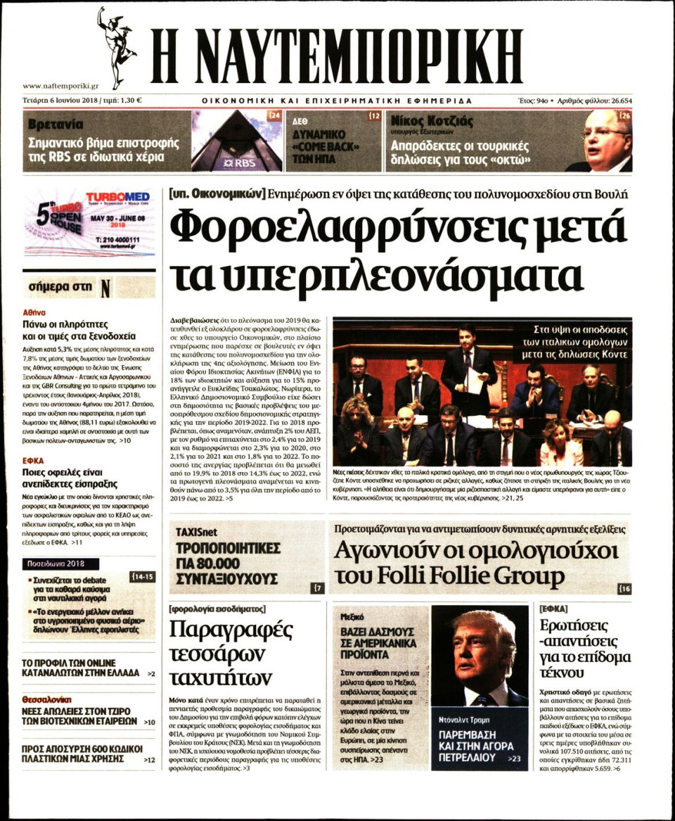 Πρωτοσέλιδο Εφημερίδας - ΝΑΥΤΕΜΠΟΡΙΚΗ - 2018-06-06