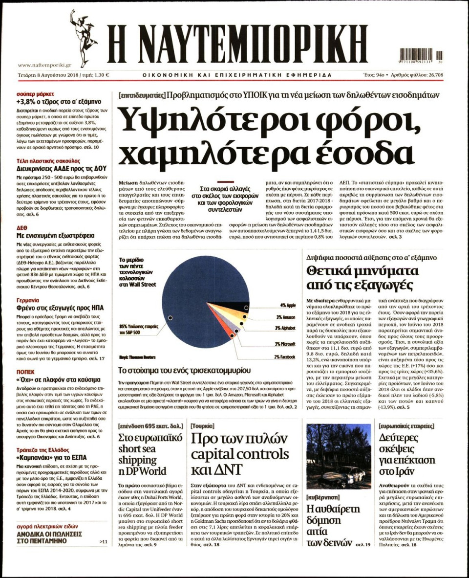 Πρωτοσέλιδο Εφημερίδας - ΝΑΥΤΕΜΠΟΡΙΚΗ - 2018-08-08
