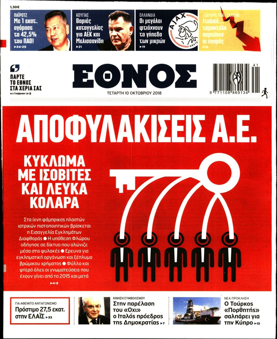 Πρωτοσέλιδο Εφημερίδας - ΕΘΝΟΣ - 2018-10-10