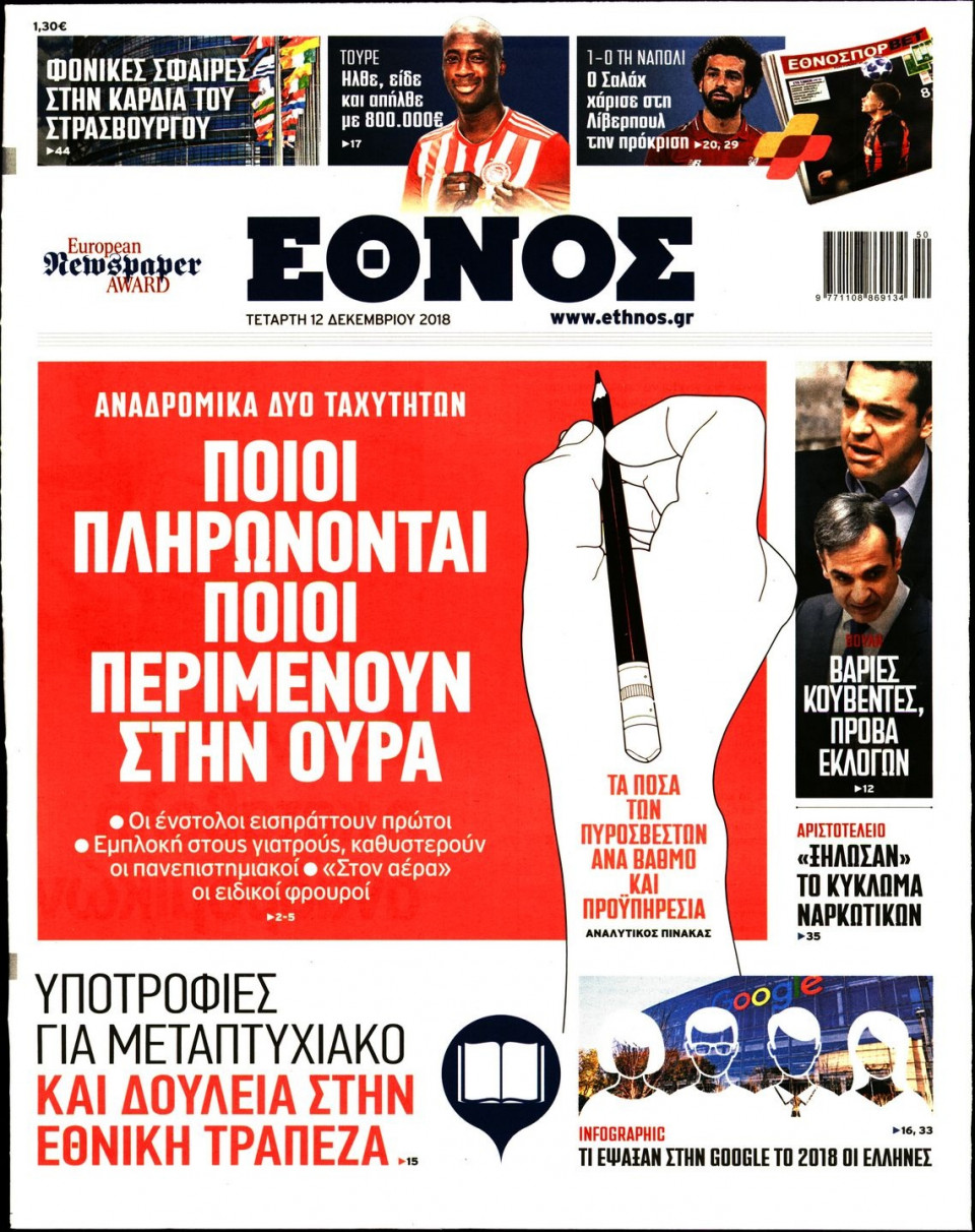 Πρωτοσέλιδο Εφημερίδας - ΕΘΝΟΣ - 2018-12-12