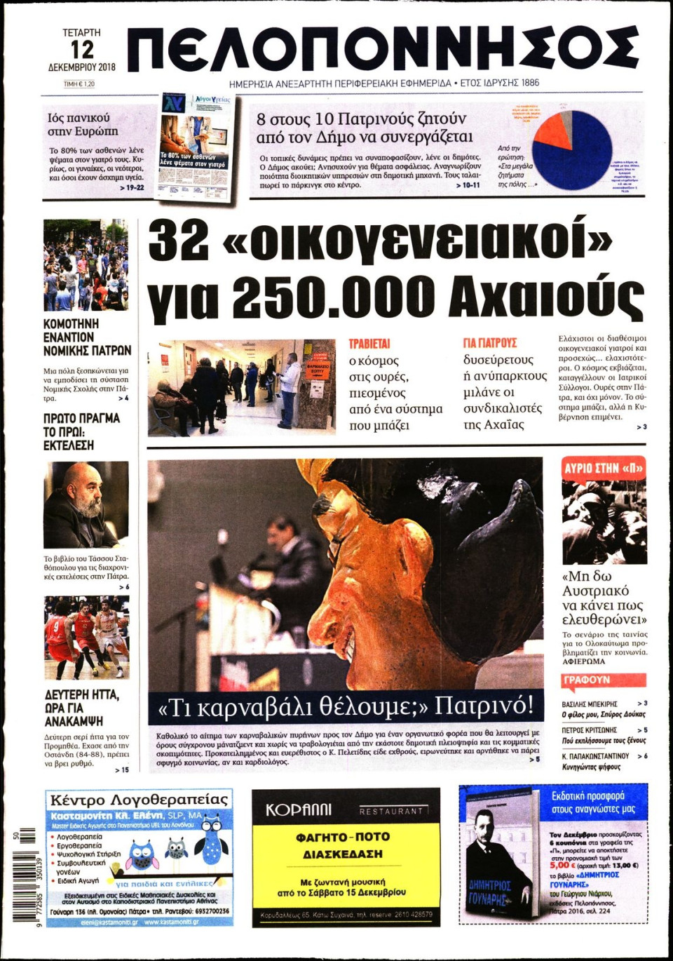 Πρωτοσέλιδο Εφημερίδας - ΠΕΛΟΠΟΝΝΗΣΟΣ - 2018-12-12