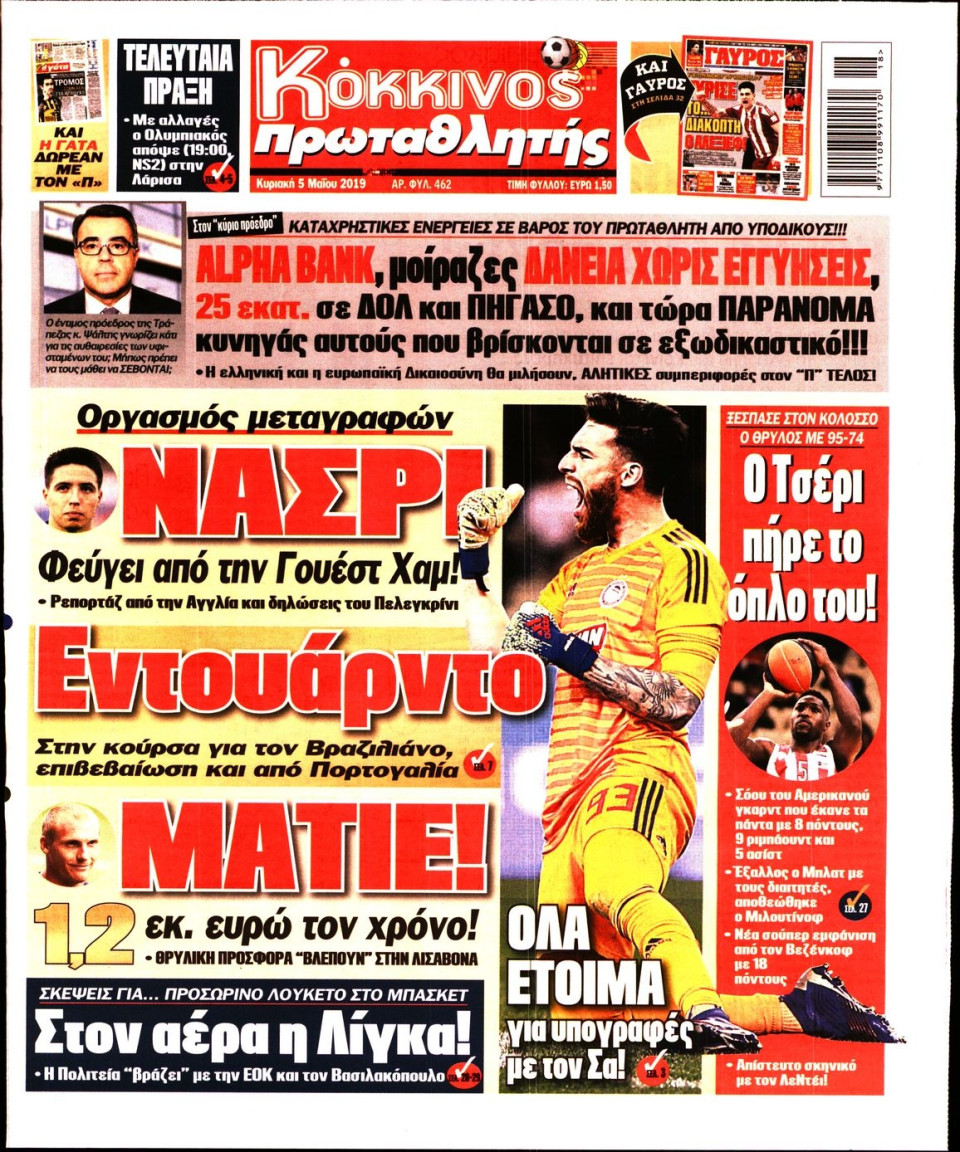 Πρωτοσέλιδο Εφημερίδας - Πρωταθλητής - 2019-05-05