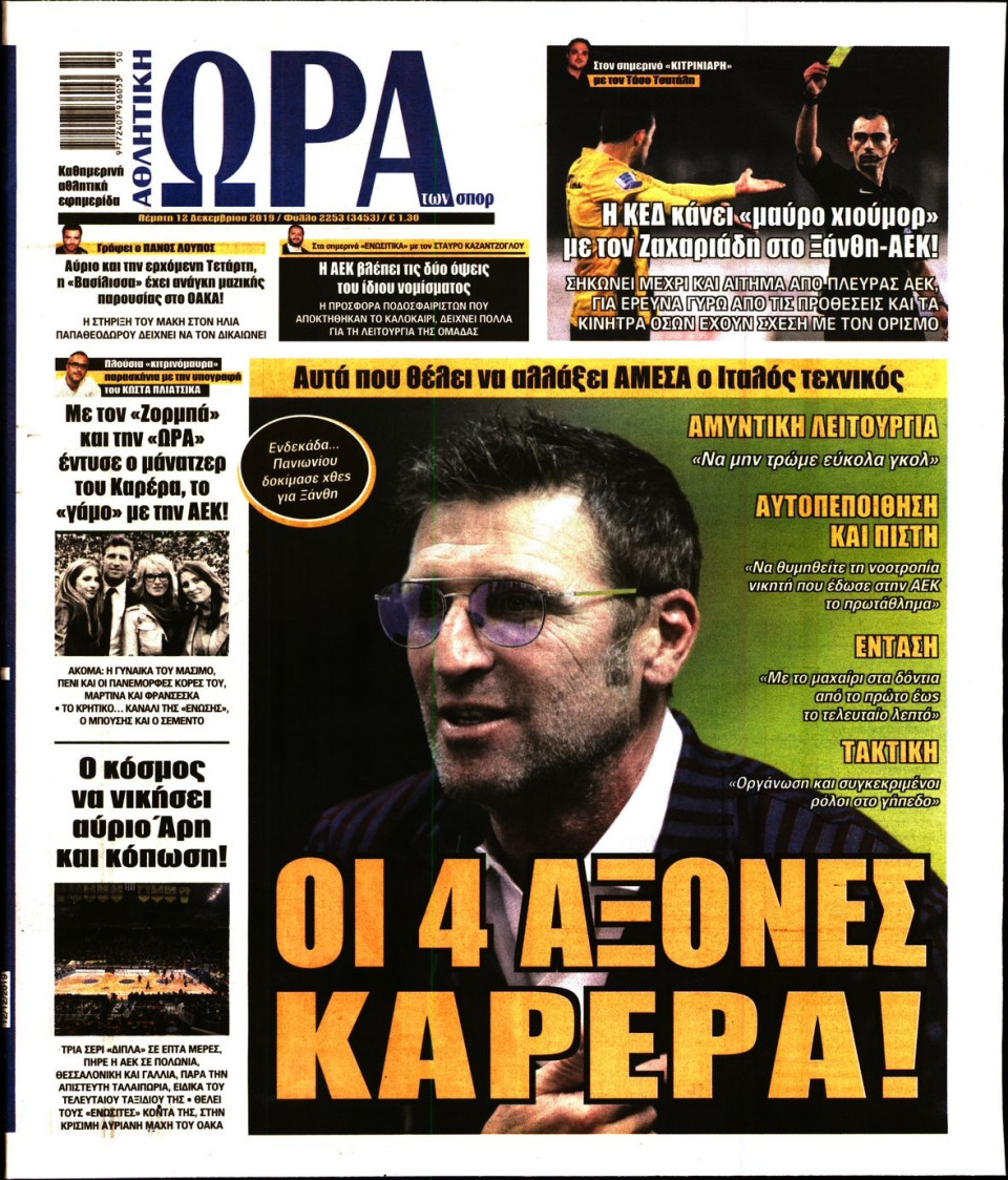 Πρωτοσέλιδο Εφημερίδας - Ώρα για Σπόρ - 2019-12-12