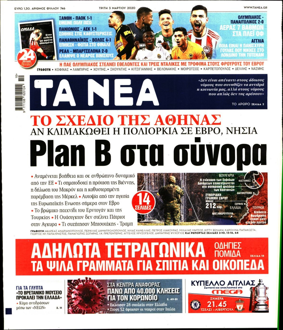 Πρωτοσέλιδο Εφημερίδας - ΤΑ ΝΕΑ - 2020-03-03