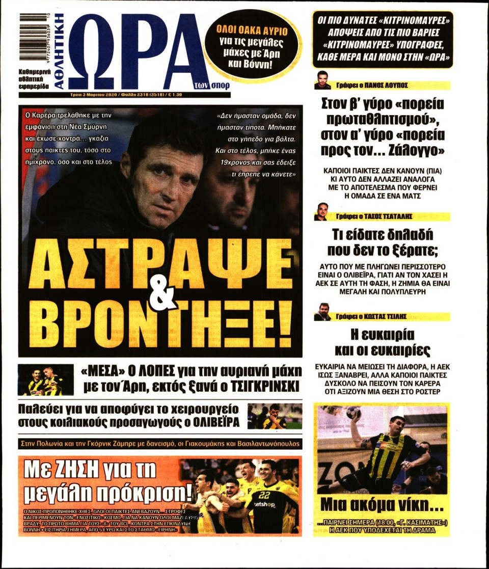 Πρωτοσέλιδο Εφημερίδας - Ώρα για Σπόρ - 2020-03-03