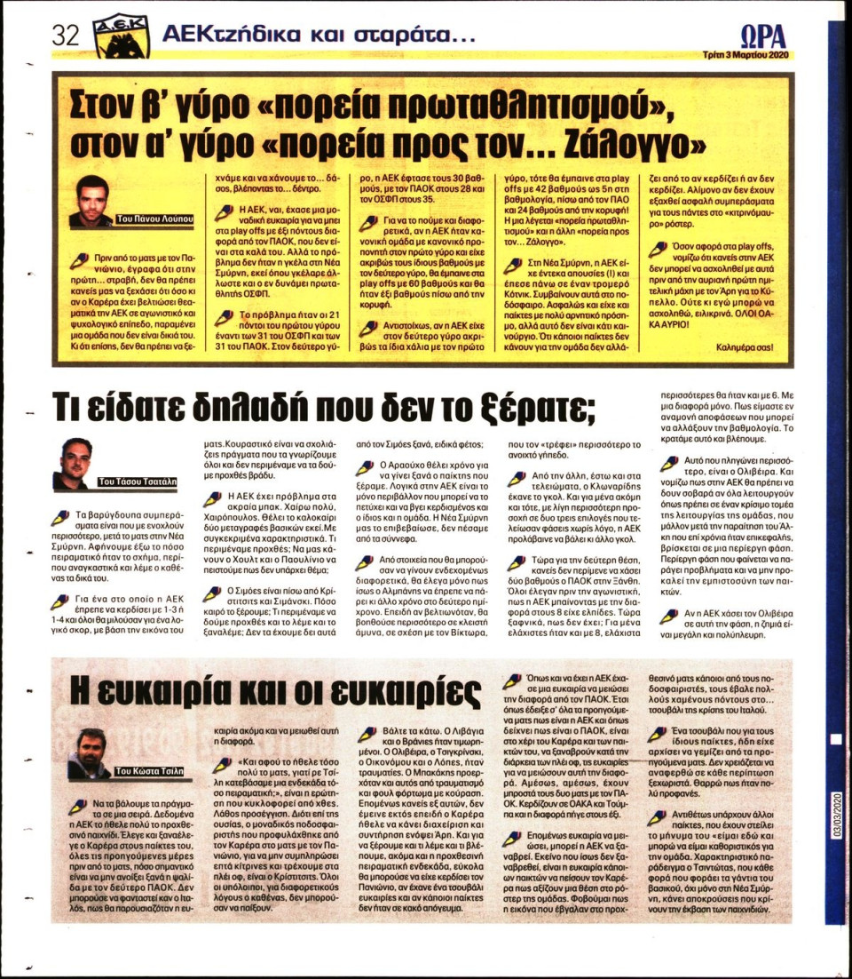 Οπισθόφυλλο Εφημερίδας - ΩΡΑ ΤΩΝ ΣΠΟΡ - 2020-03-03