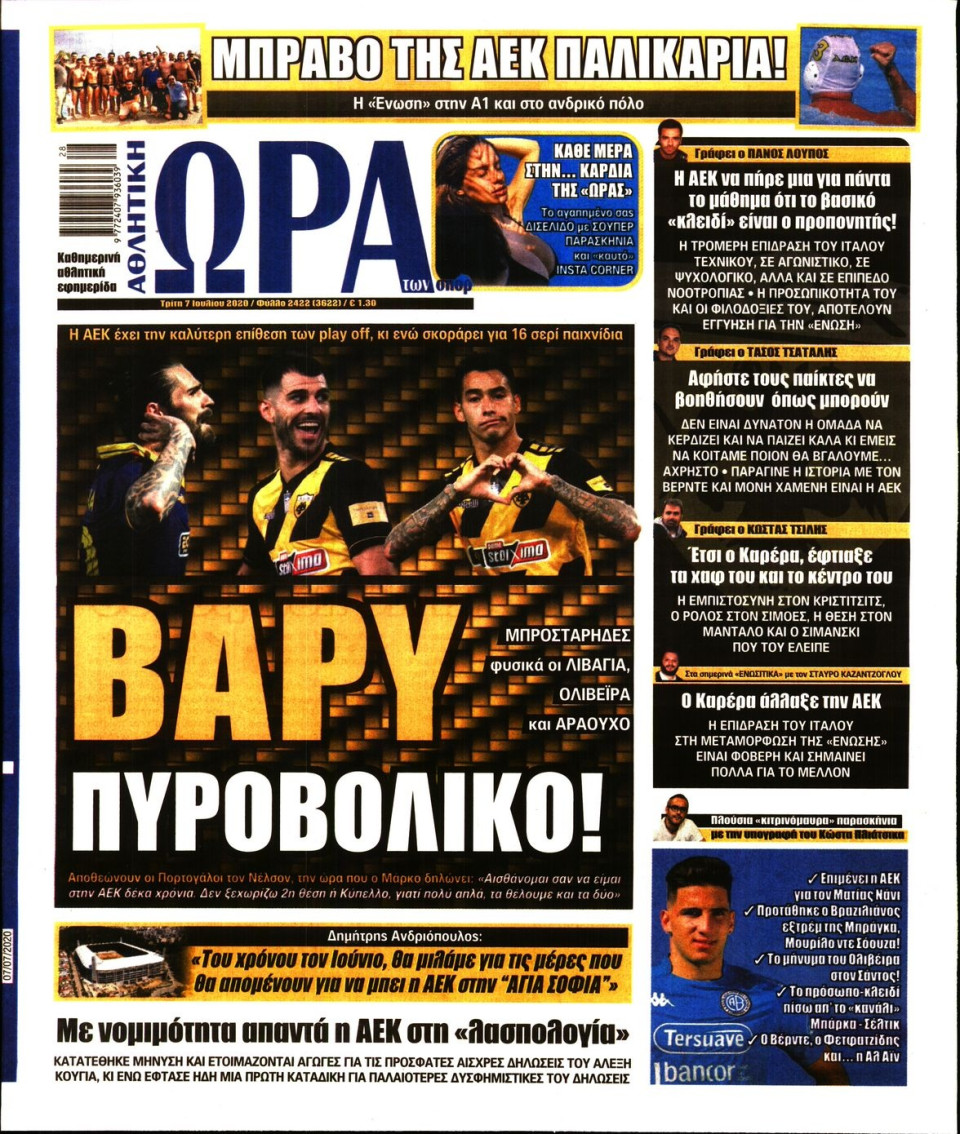 Πρωτοσέλιδο Εφημερίδας - Ώρα για Σπόρ - 2020-07-07