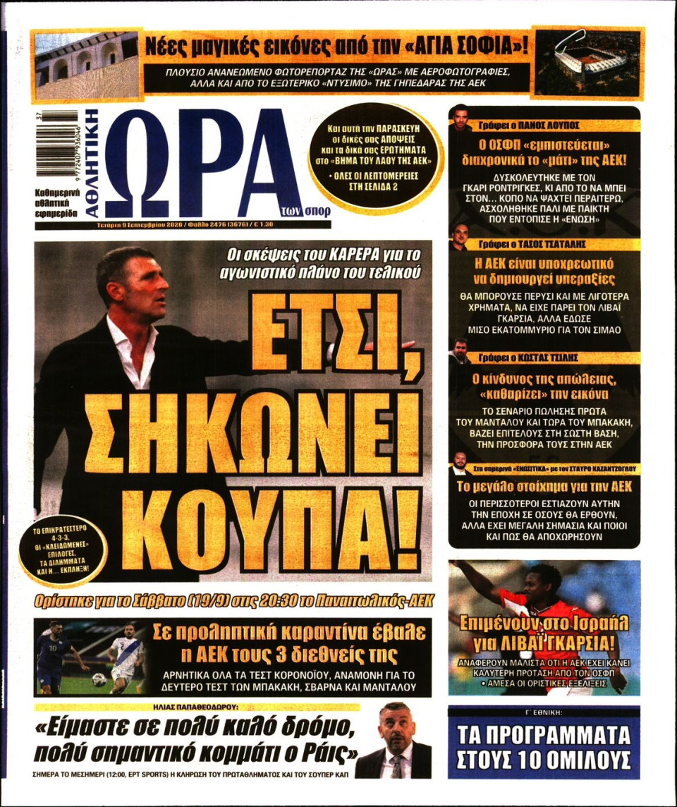 Πρωτοσέλιδο Εφημερίδας - Ώρα για Σπόρ - 2020-09-09