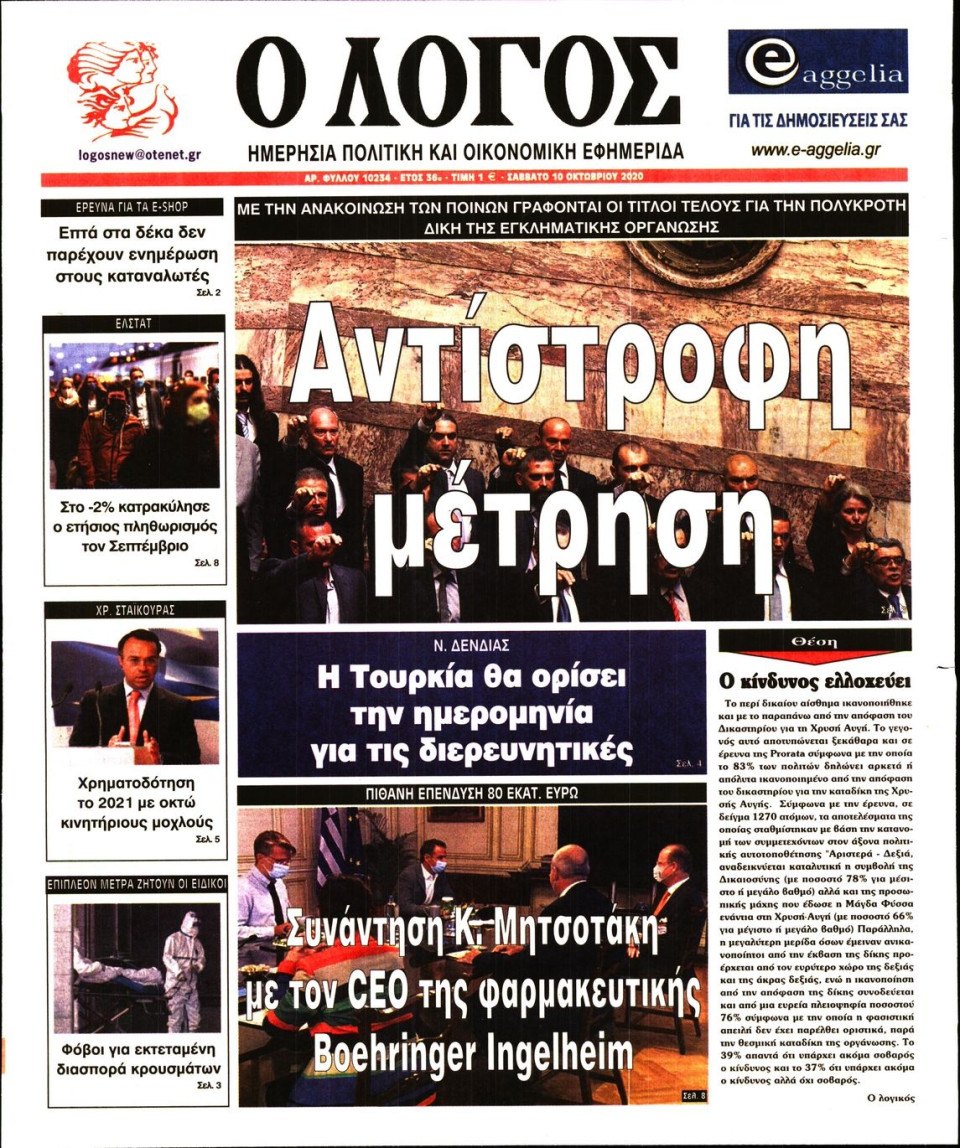 Πρωτοσέλιδο Εφημερίδας - Λόγος - 2020-10-10